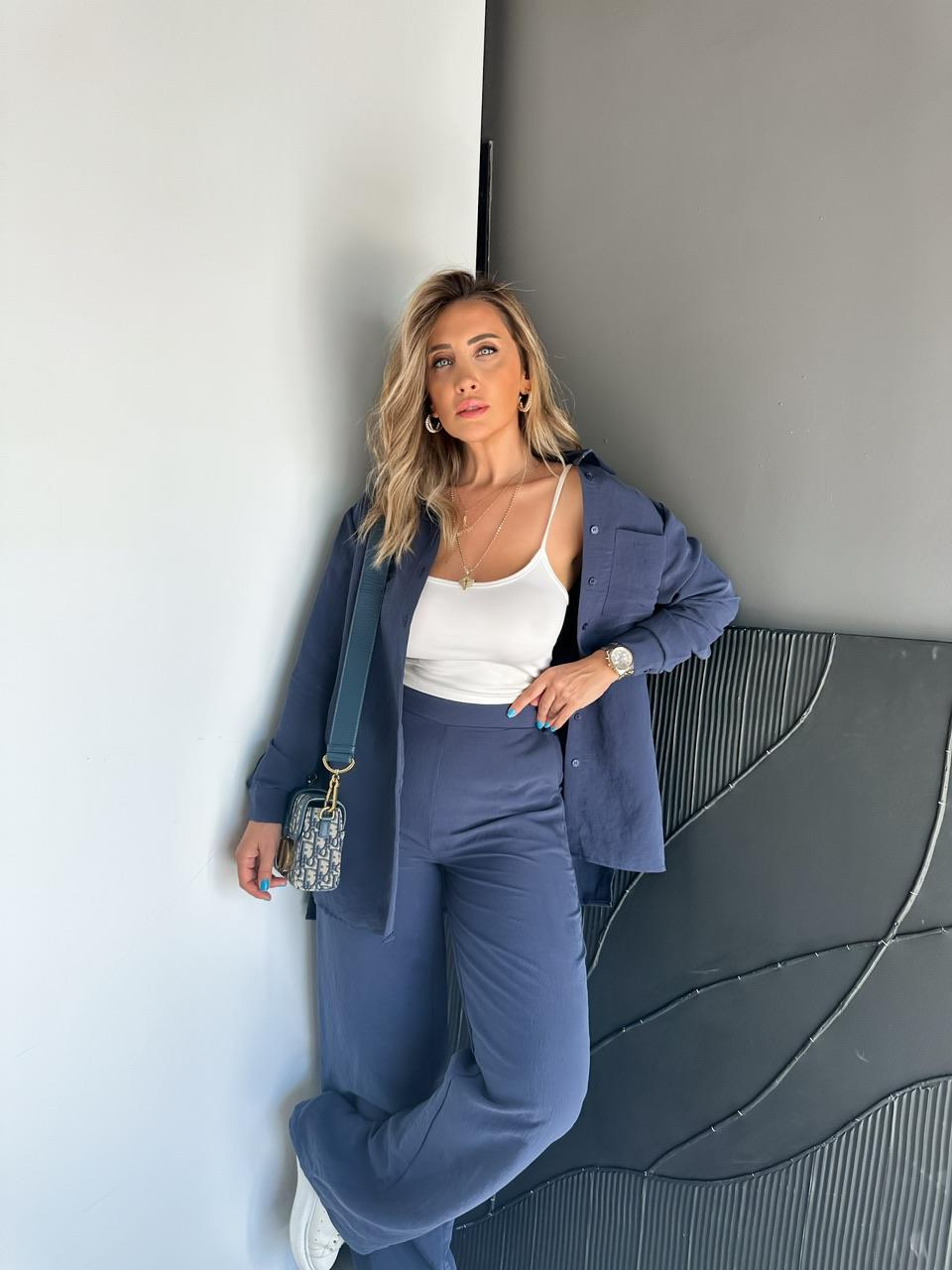 Lacivert Çizgili Gömlek Pantolon Soft Takım