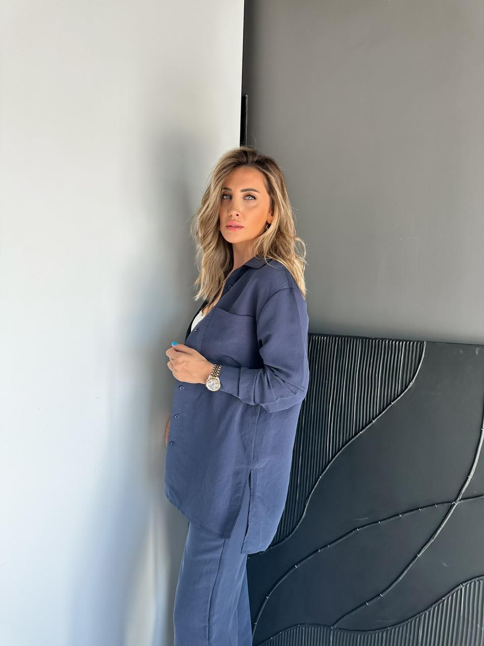 Lacivert Çizgili Gömlek Pantolon Soft Takım