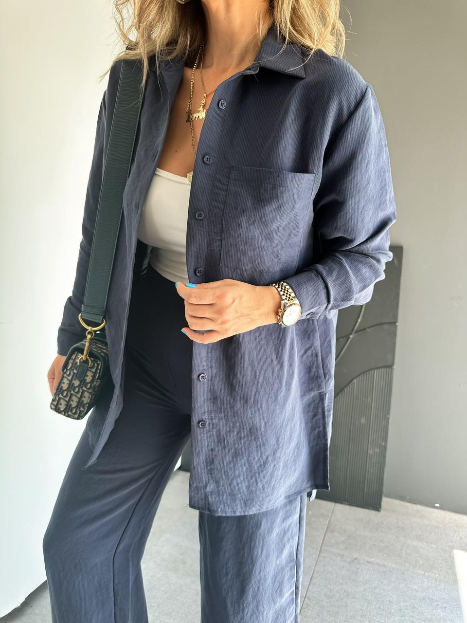Lacivert Çizgili Gömlek Pantolon Soft Takım