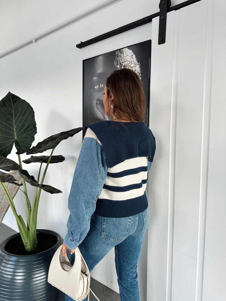 Lacivert Çizgili Kolları Denim Hırka