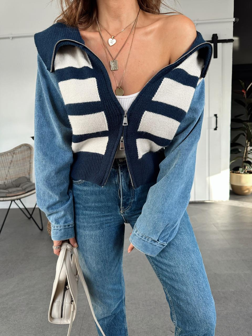 Lacivert Çizgili Kolları Denim Hırka