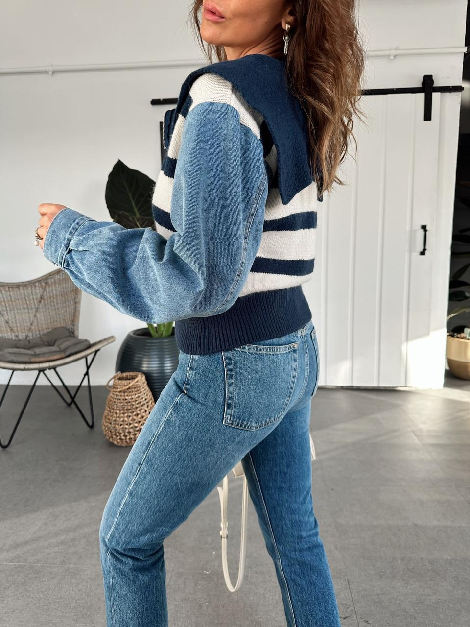Lacivert Çizgili Kolları Denim Hırka