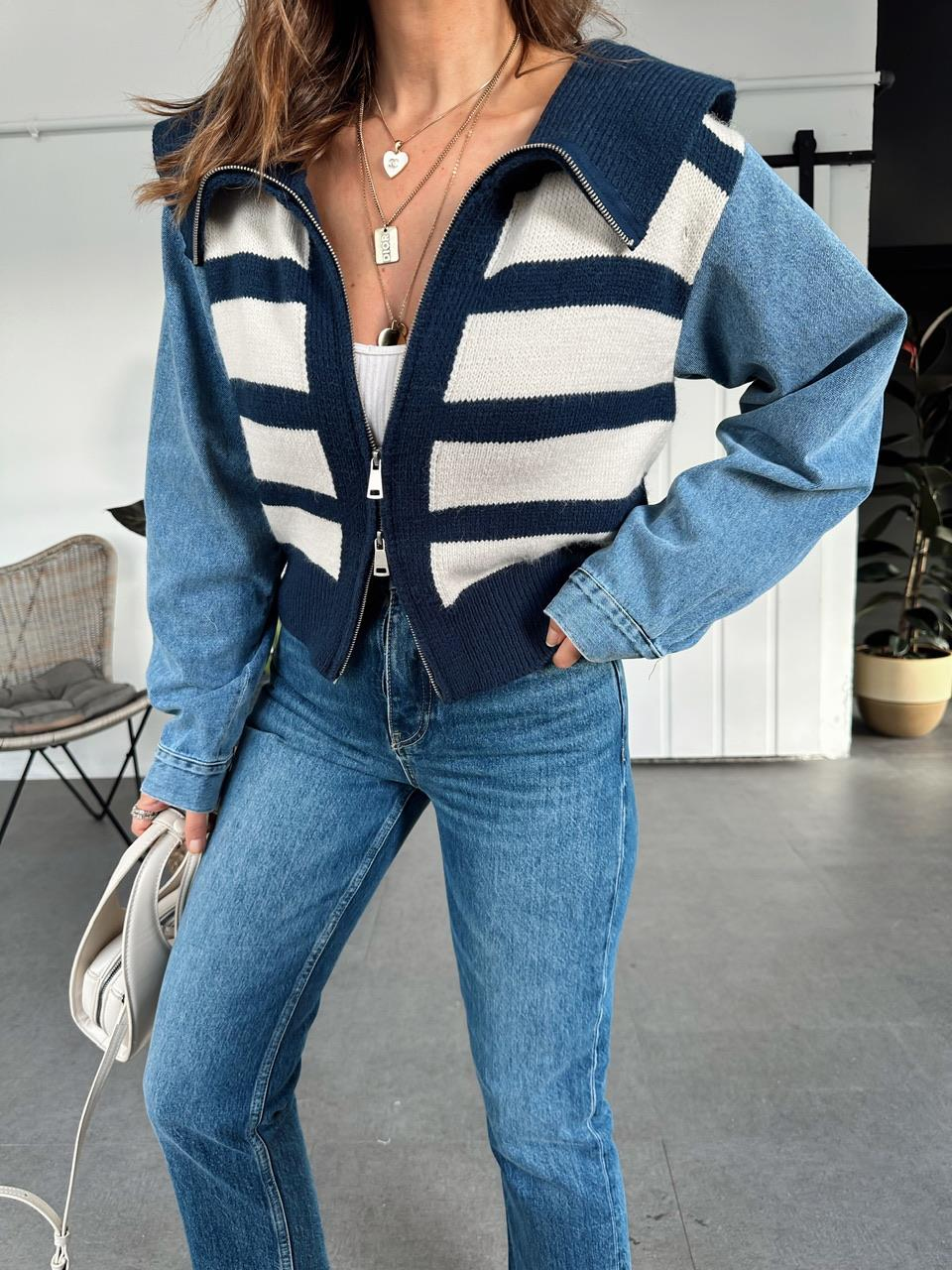 Lacivert Çizgili Kolları Denim Hırka