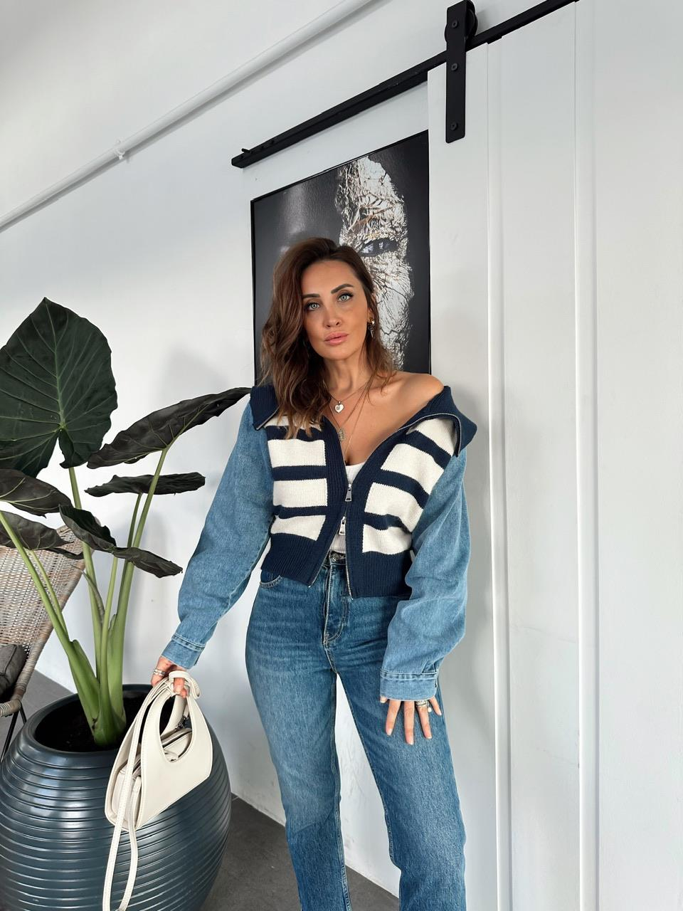 Lacivert Çizgili Kolları Denim Hırka