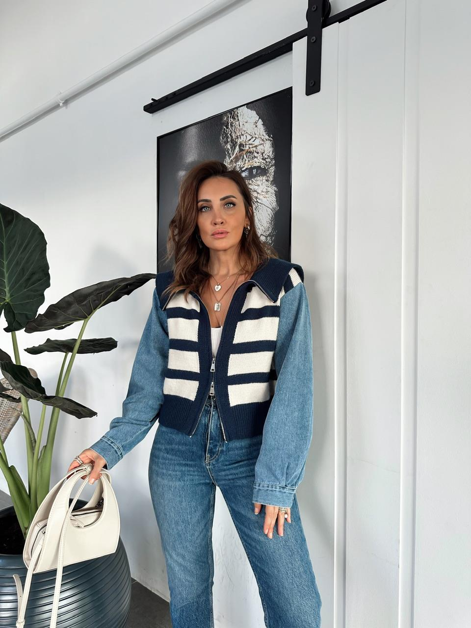 Lacivert Çizgili Kolları Denim Hırka