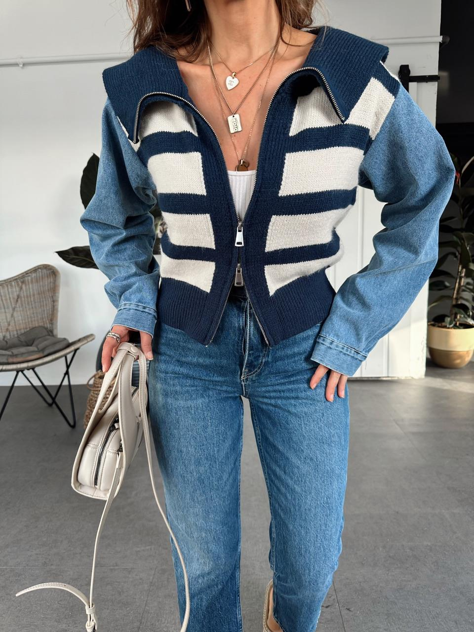 Lacivert Çizgili Kolları Denim Hırka