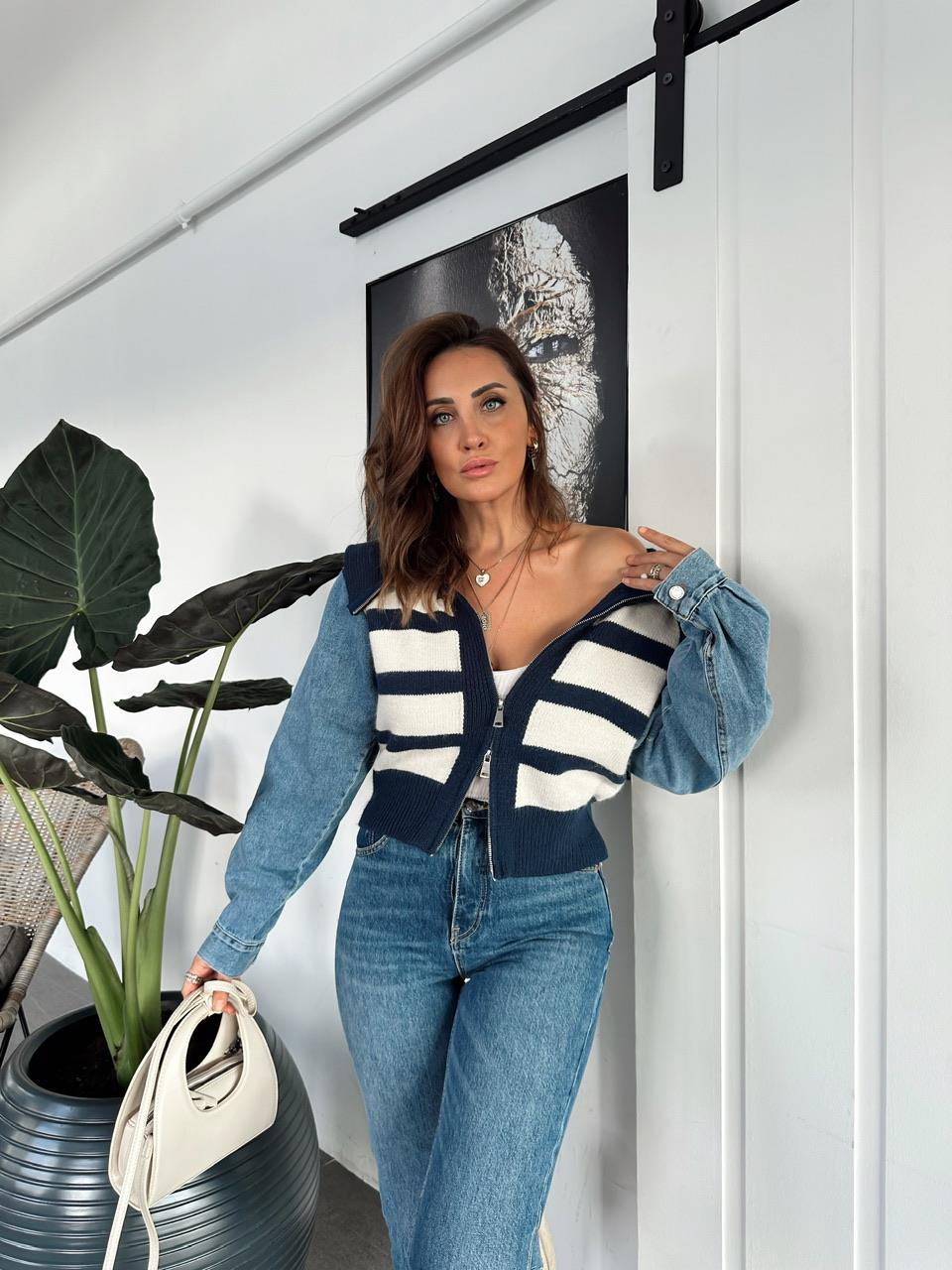Lacivert Çizgili Kolları Denim Hırka