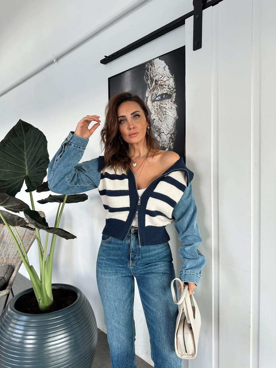Lacivert Çizgili Kolları Denim Hırka