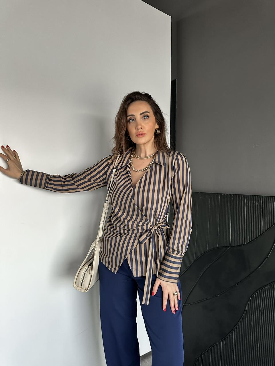 Lacivert Çizgili Kruvaze Bağlamalı Gömlek