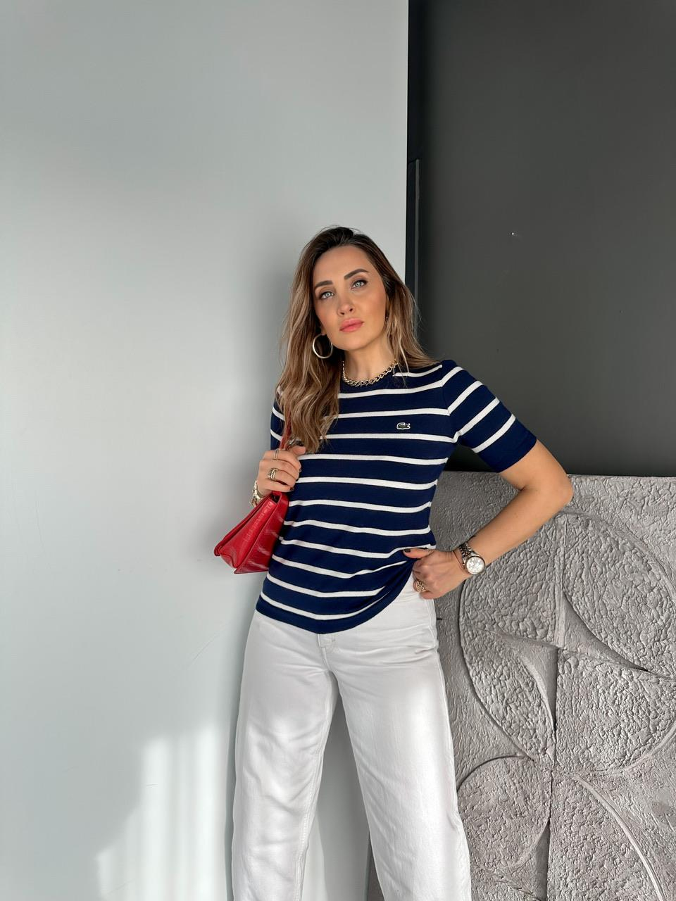 Lacivert Çizgili Logolu Kısa Kollu Triko