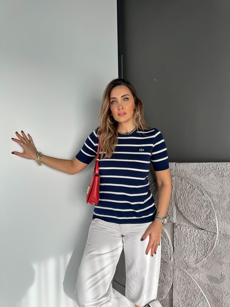 Lacivert Çizgili Logolu Kısa Kollu Triko