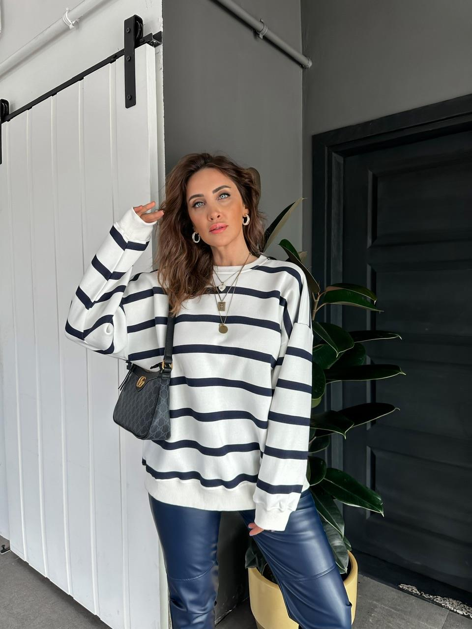 Lacivert Çizgili Oversize Sweatshirt