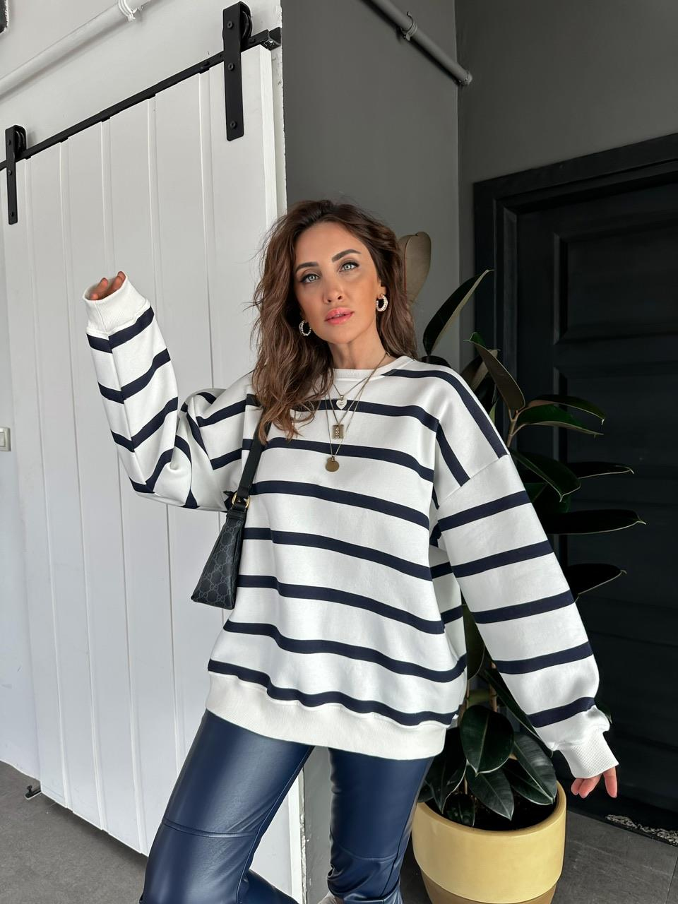 Lacivert Çizgili Oversize Sweatshirt