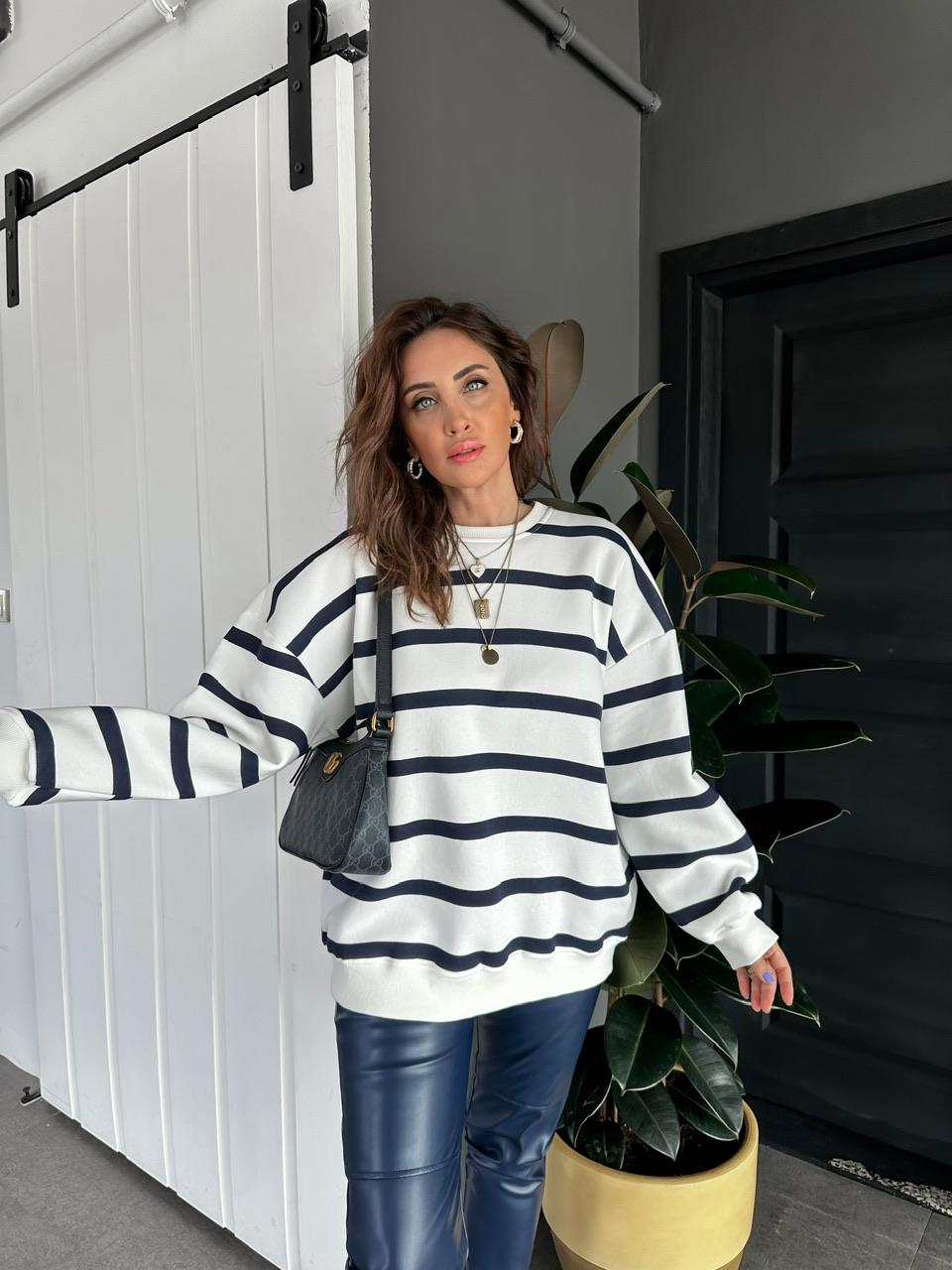 Lacivert Çizgili Oversize Sweatshirt