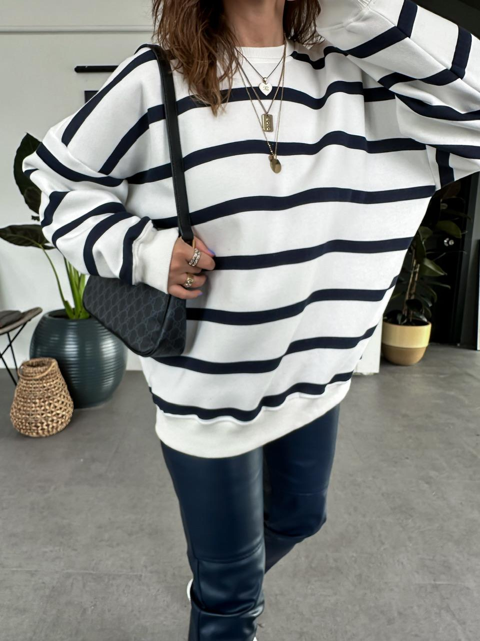 Lacivert Çizgili Oversize Sweatshirt