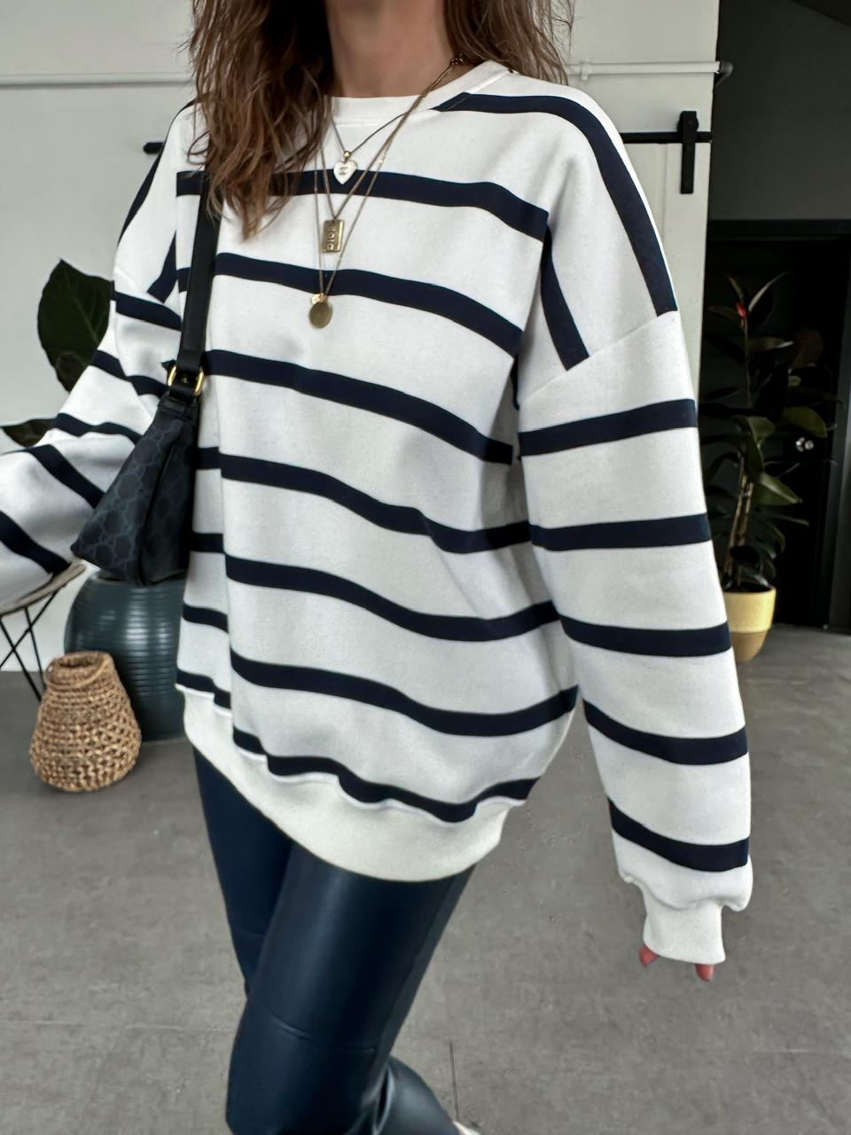Lacivert Çizgili Oversize Sweatshirt