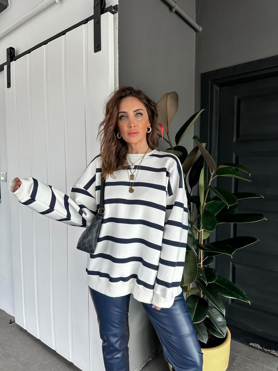 Lacivert Çizgili Oversize Sweatshirt
