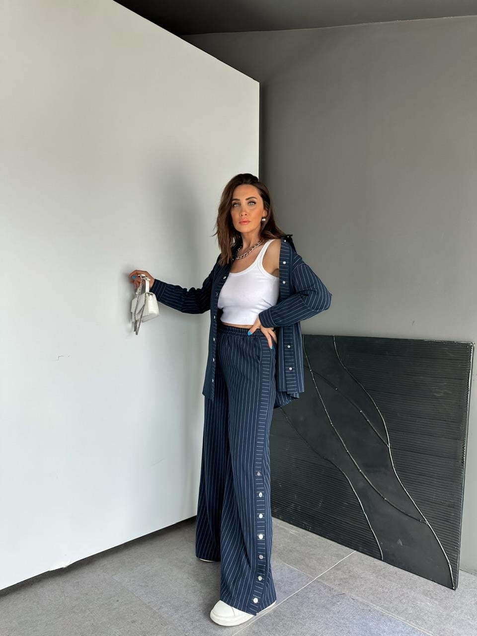 Lacivert Çizgili Pantolonu Çıtçıtlı Takım