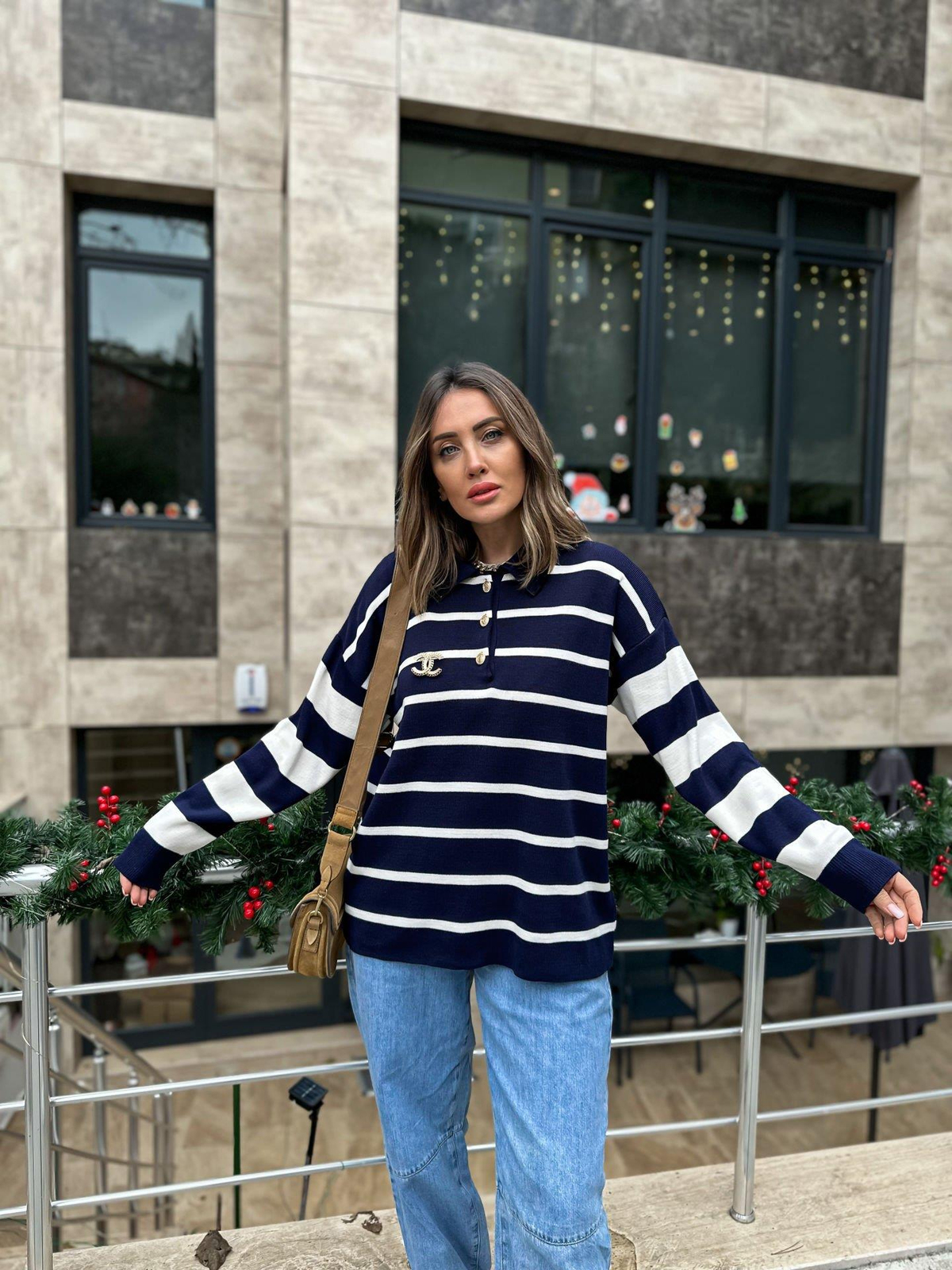 Lacivert Çizgili Polo Yaka Kazak