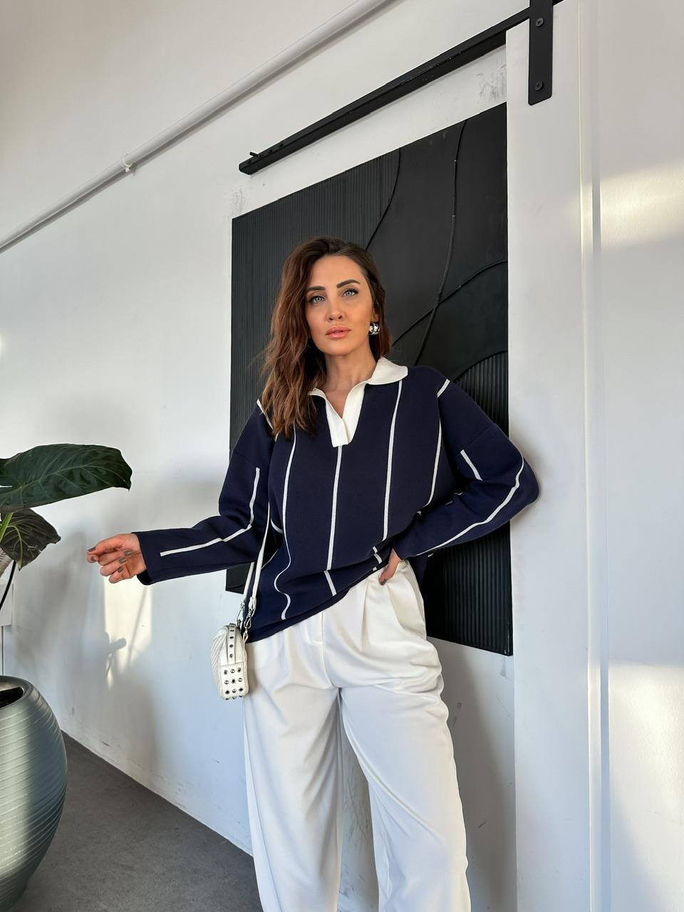 Lacivert Çizgili Polo Yaka Kazak
