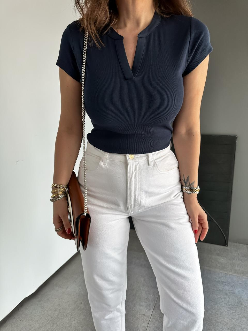 Lacivert Damla Yaka Cotton Tshirt
