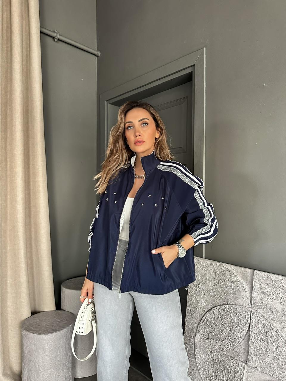 Lacivert Dantelli Trok Baskılı Ceket