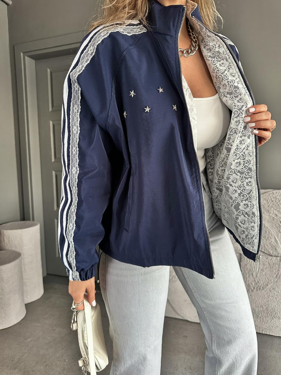 Lacivert Dantelli Trok Baskılı Ceket