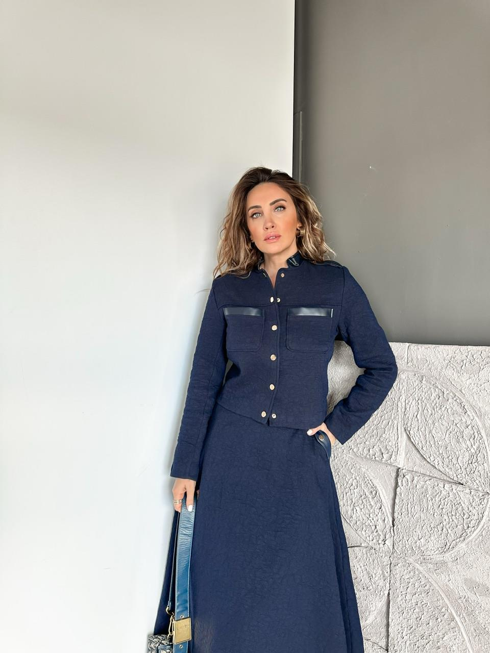 Lacivert Deri Parçalı Etekli Takım