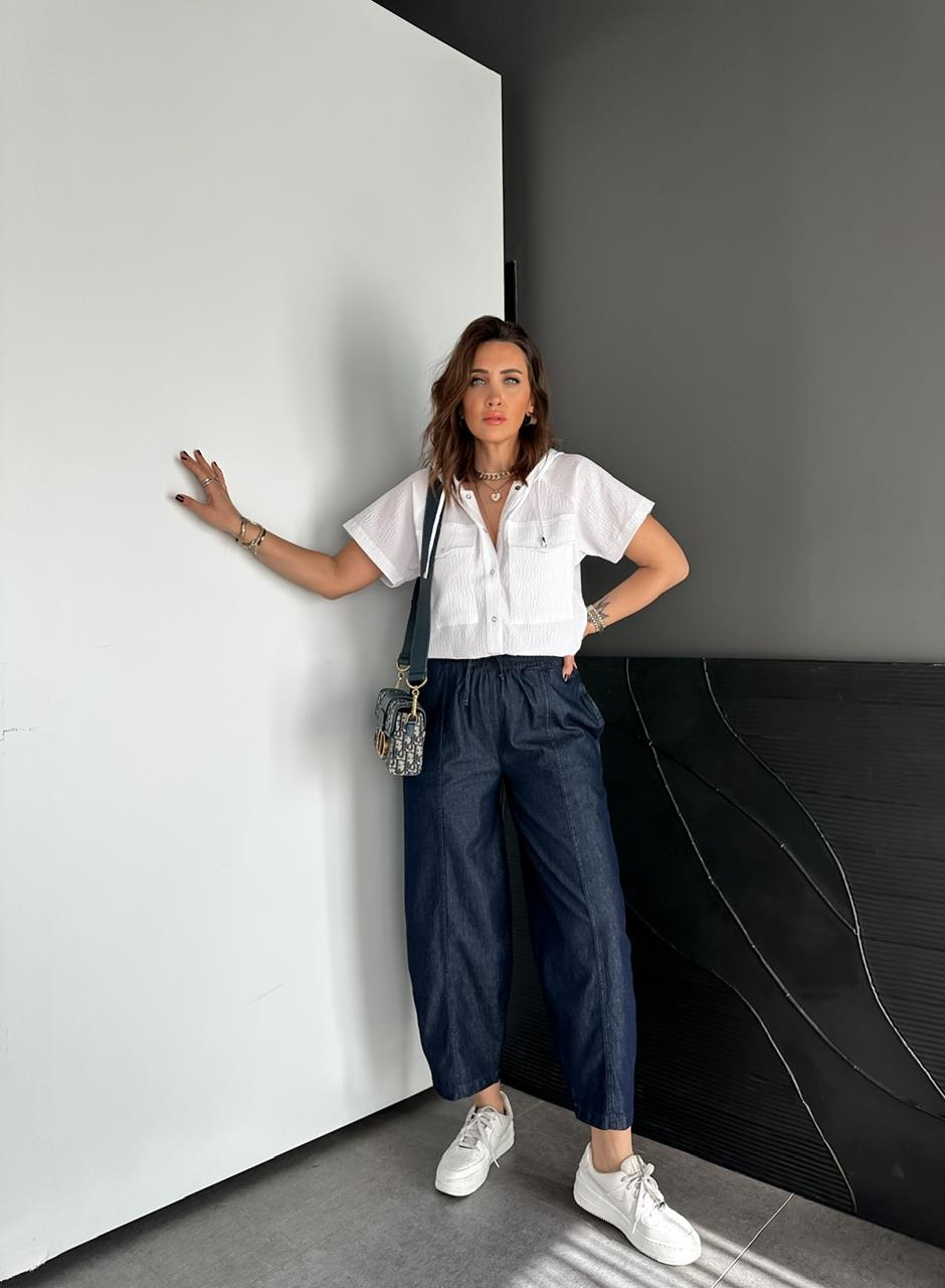 Lacivert Dikişli Baggy Denim Pantolon