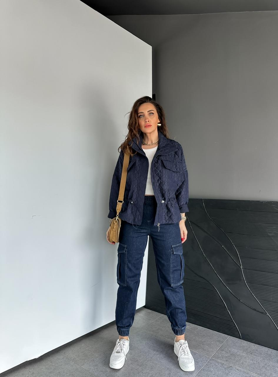 Lacivert Dokulu Beli Büzgülü Ceket