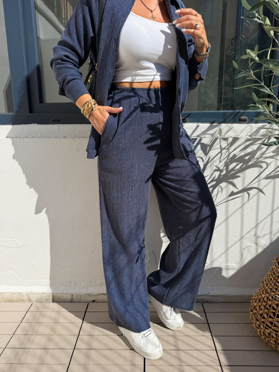 Lacivert Dokulu Likralı Casual Takım