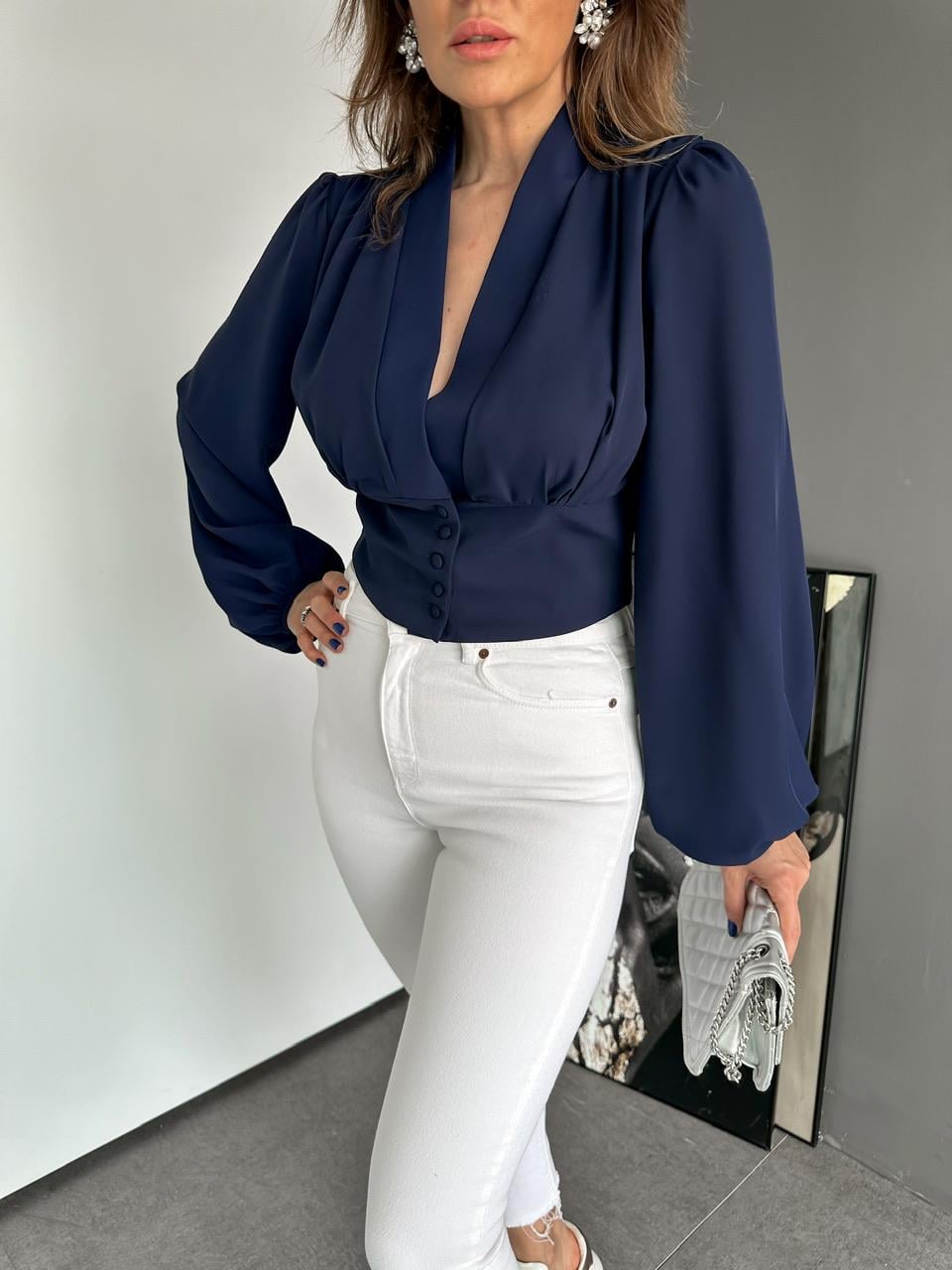 Lacivert Düğme Detaylı Bluz
