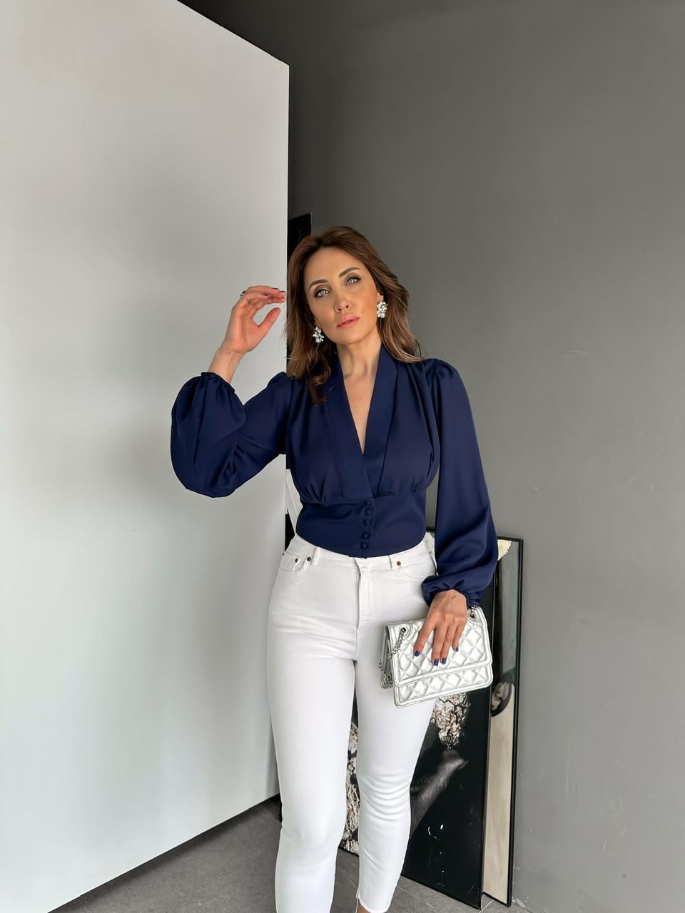 Lacivert Düğme Detaylı Bluz