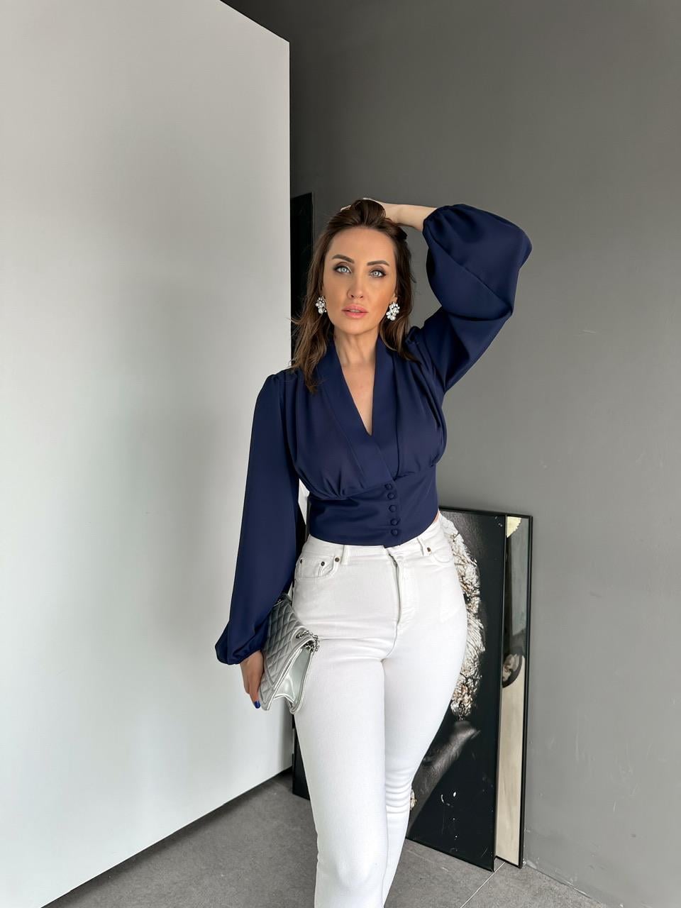 Lacivert Düğme Detaylı Bluz