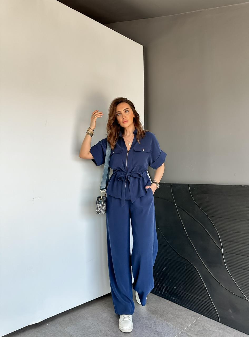Lacivert Fermuarlı Kuşaklı Premium Takım