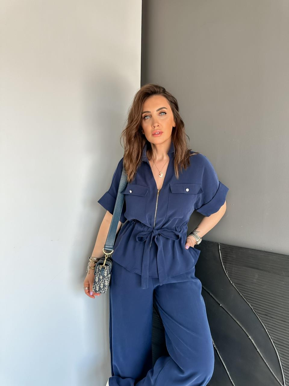 Lacivert Fermuarlı Kuşaklı Premium Takım