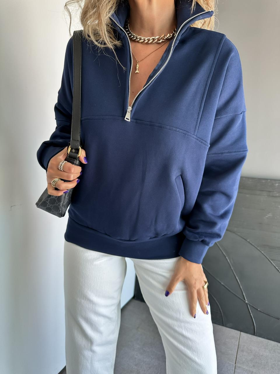 Lacivert Fermuarlı Ribanalı Orijinal Sweatshirt