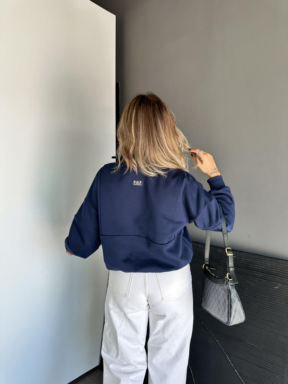 Lacivert Fermuarlı Ribanalı Orijinal Sweatshirt