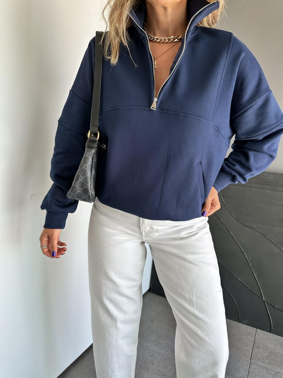 Lacivert Fermuarlı Ribanalı Orijinal Sweatshirt