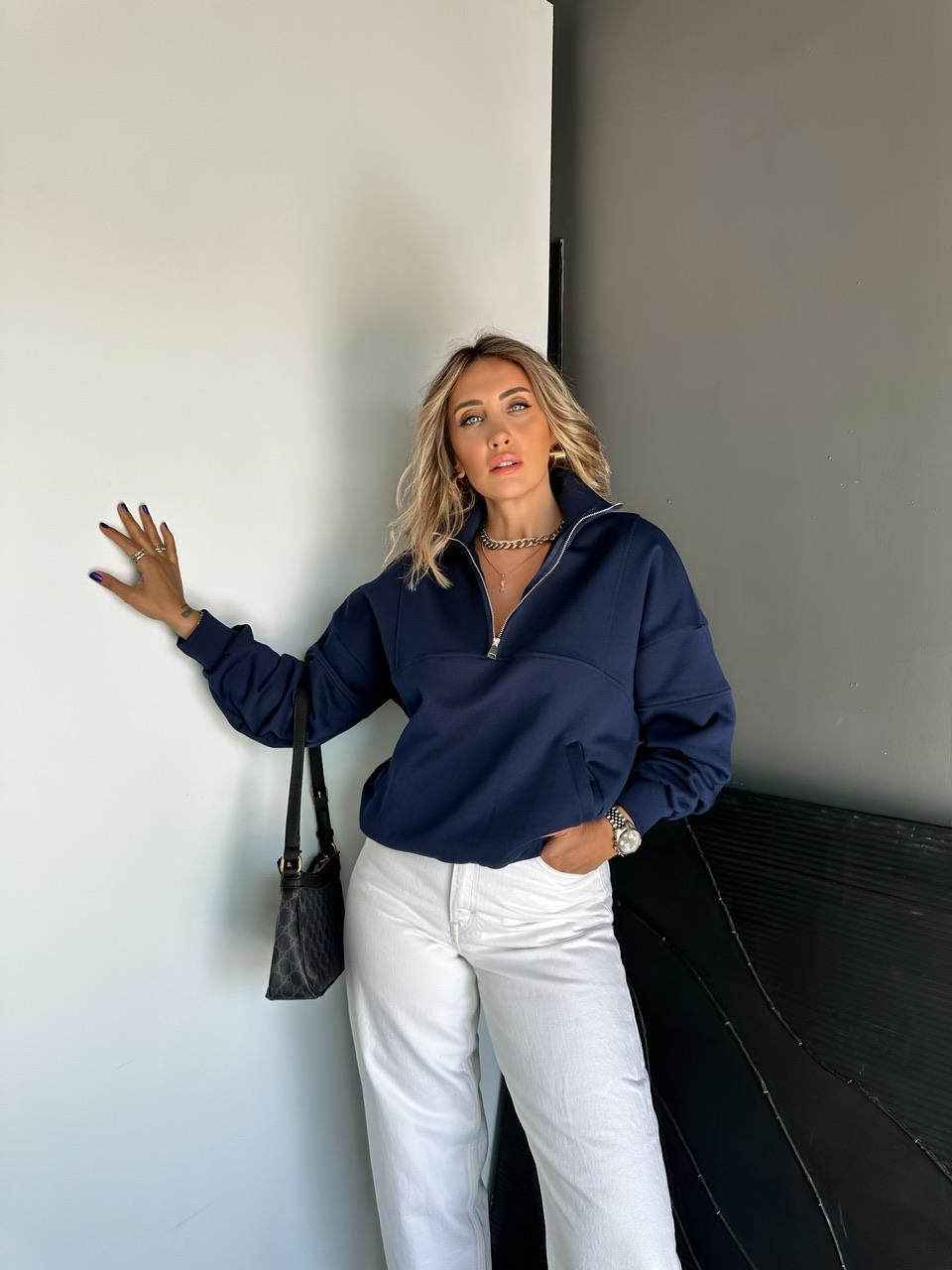 Lacivert Fermuarlı Ribanalı Orijinal Sweatshirt