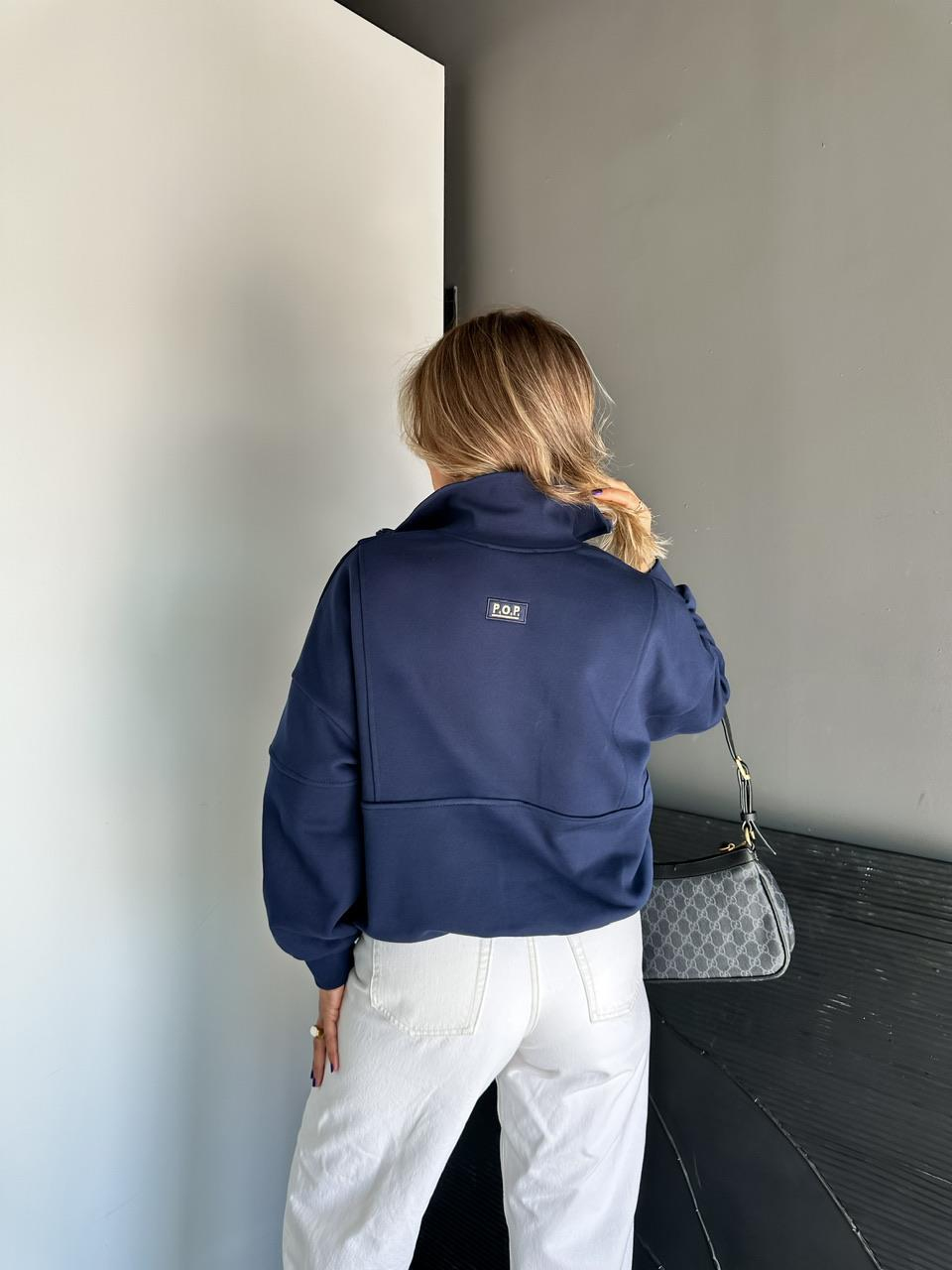 Lacivert Fermuarlı Ribanalı Orijinal Sweatshirt