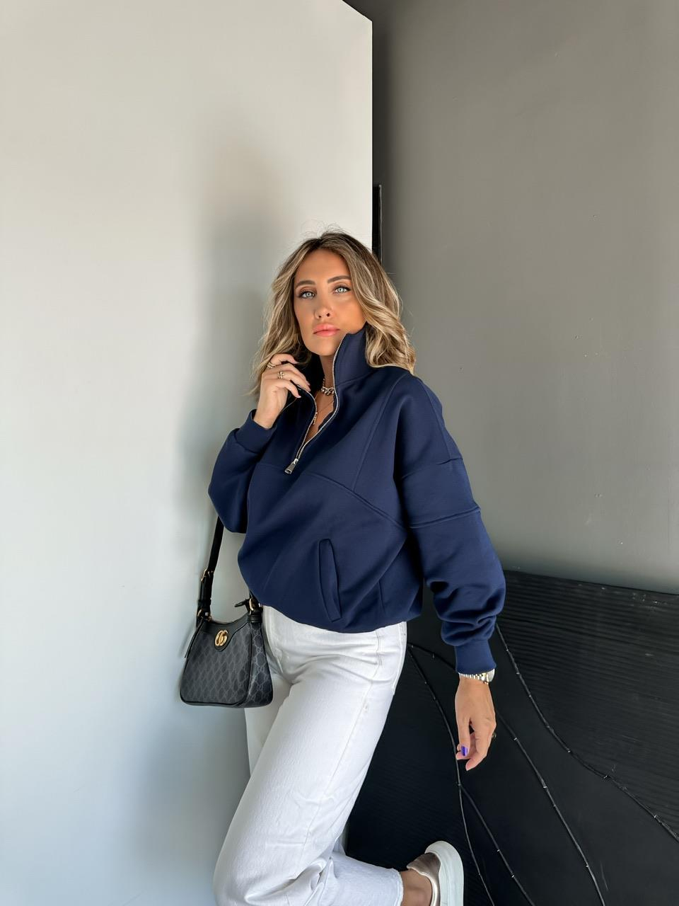 Lacivert Fermuarlı Ribanalı Orijinal Sweatshirt