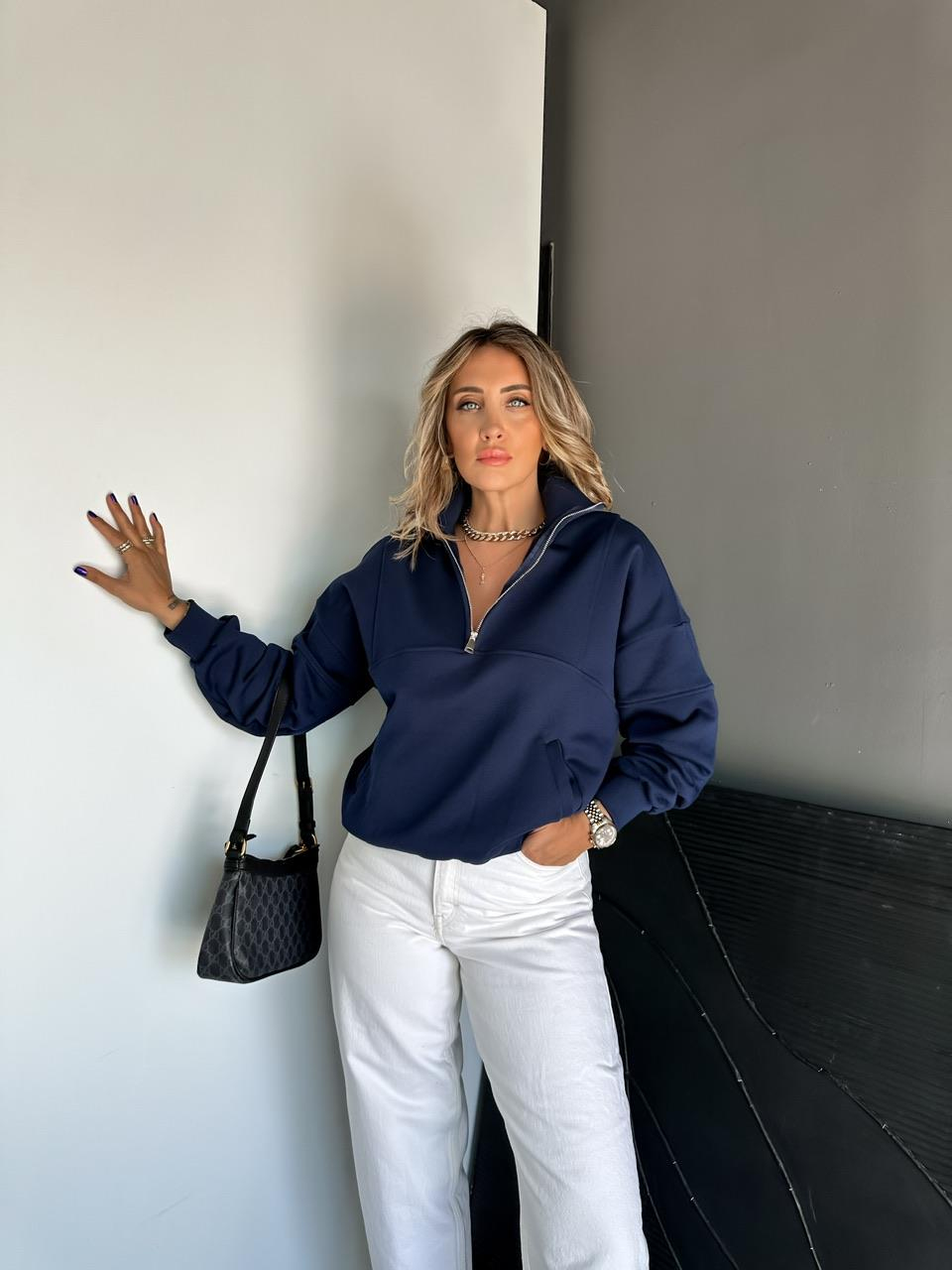 Lacivert Fermuarlı Ribanalı Orijinal Sweatshirt