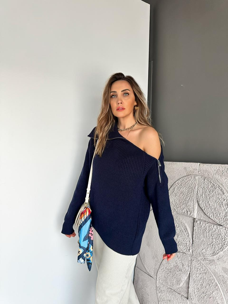 Lacivert Fermuarlı Tasarım Premium Kazak