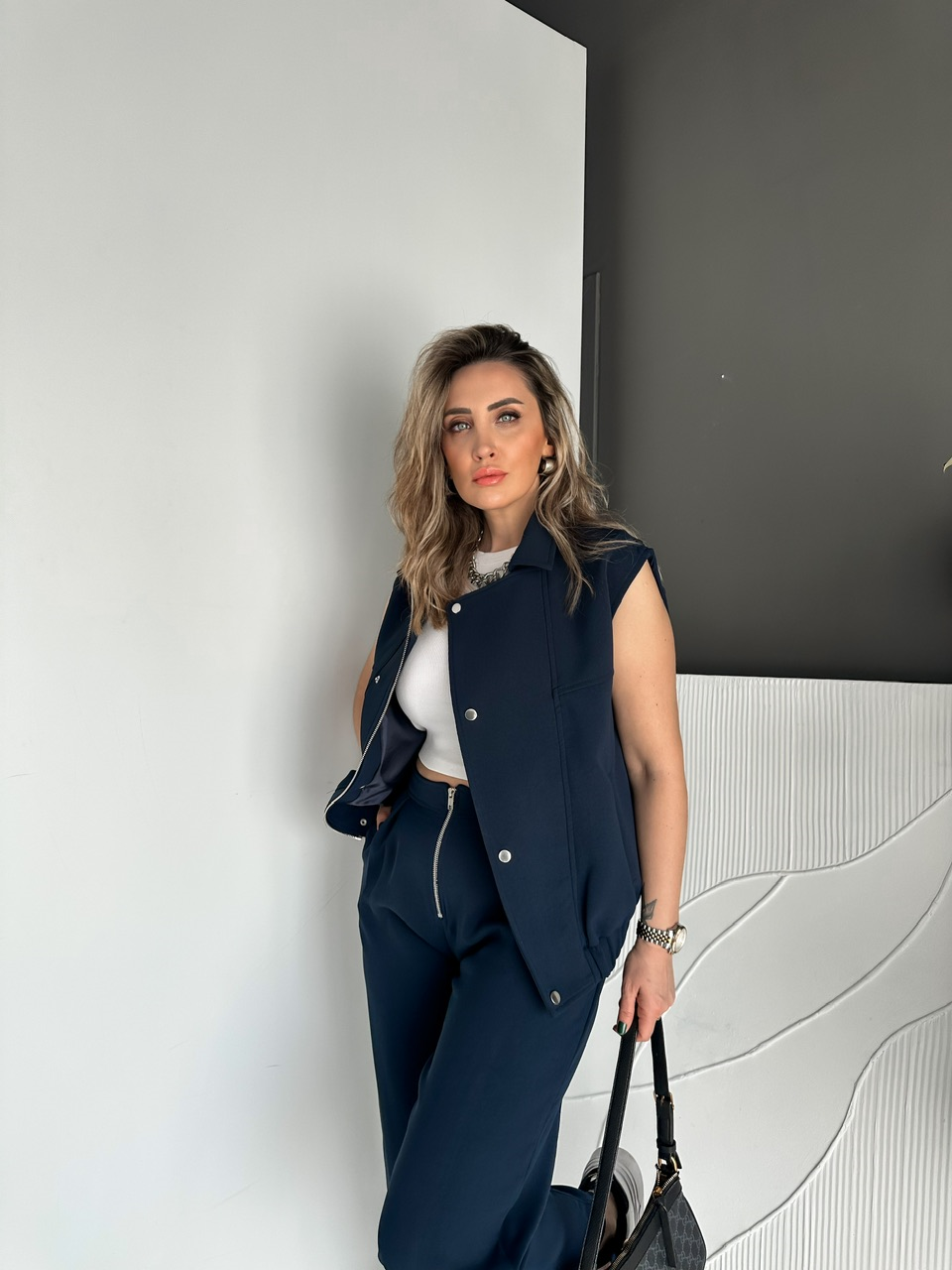 Lacivert Fermuarlı Yelekli Premium Takım
