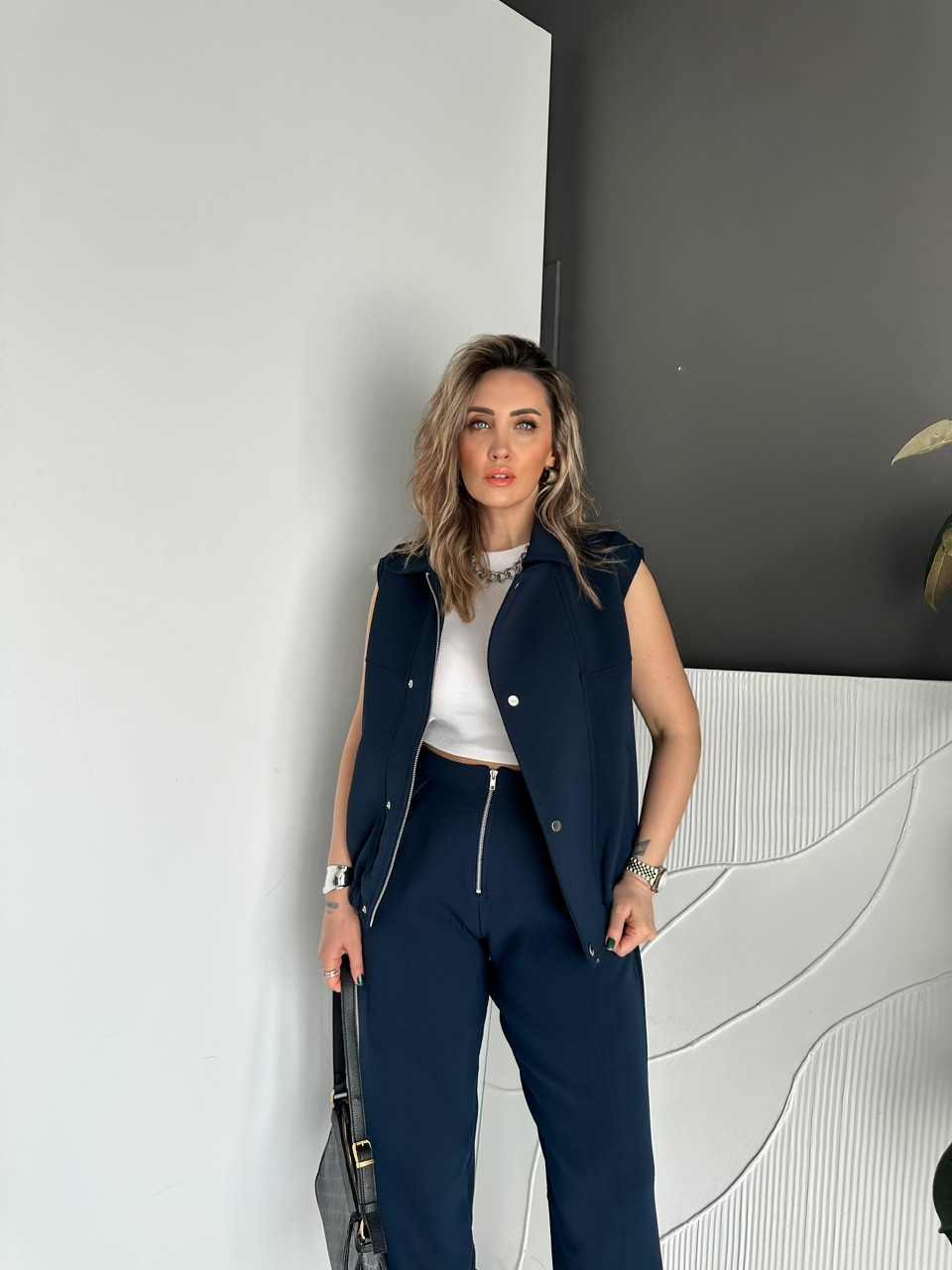 Lacivert Fermuarlı Yelekli Premium Takım