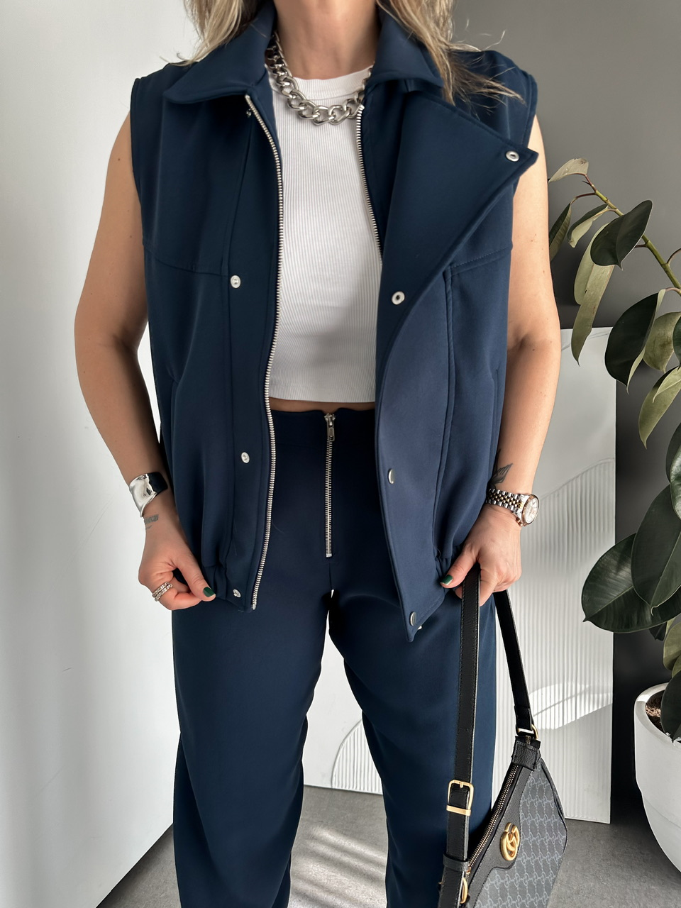 Lacivert Fermuarlı Yelekli Premium Takım