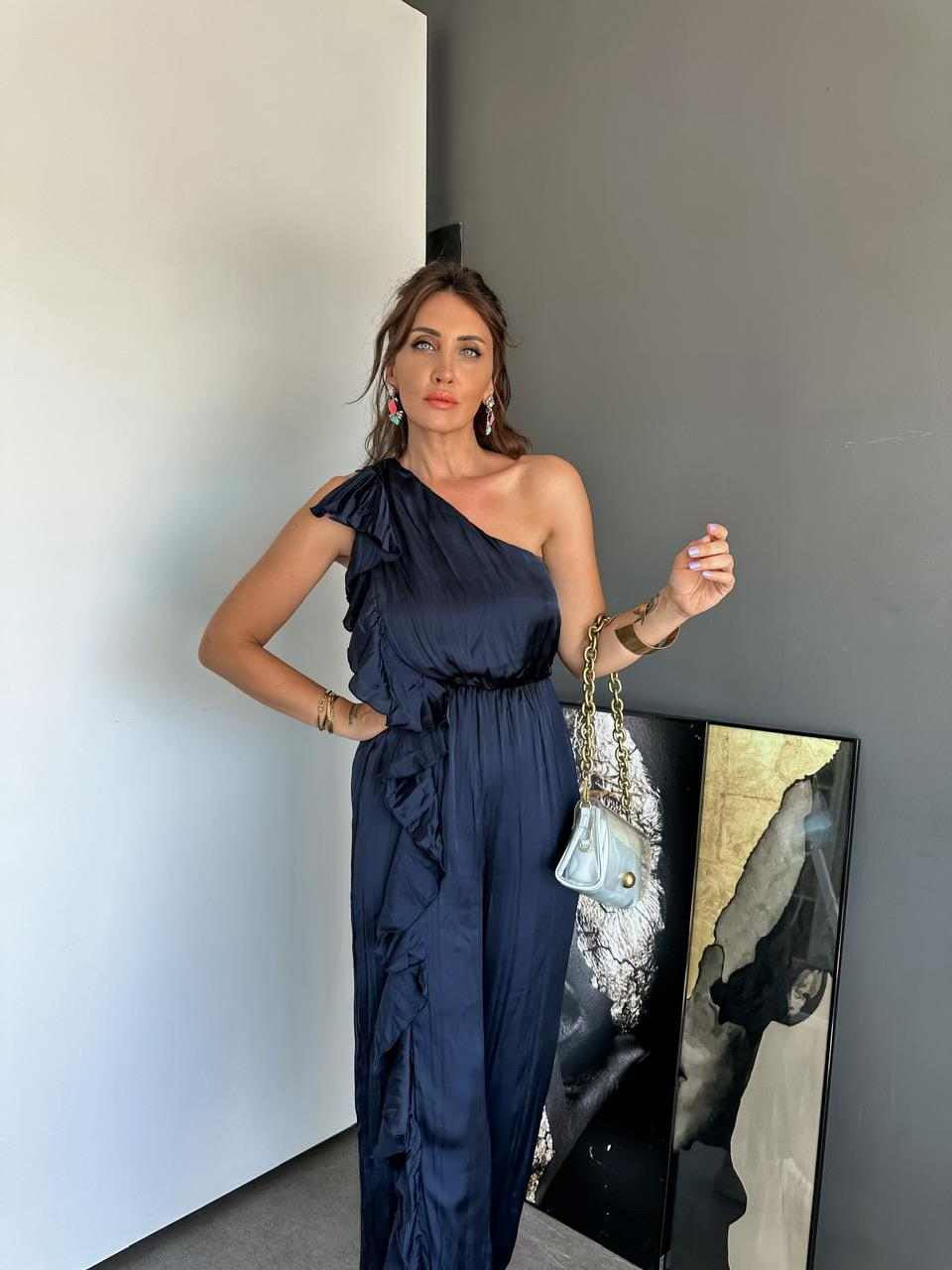 Lacivert Fırfır Detaylı Beli Lastikli Tulum