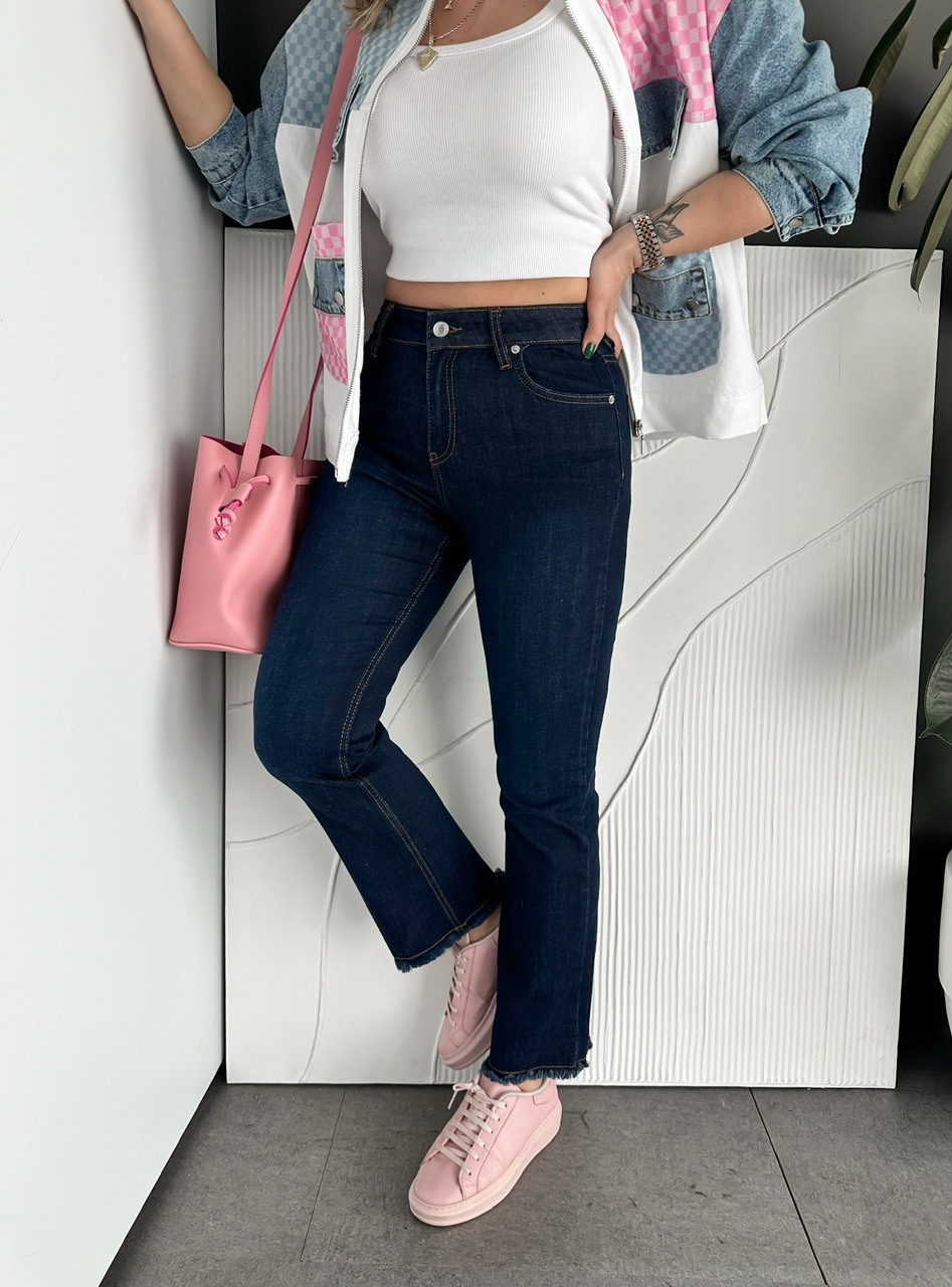 Lacivert Ful Likralı Kesik Paçalı Jean