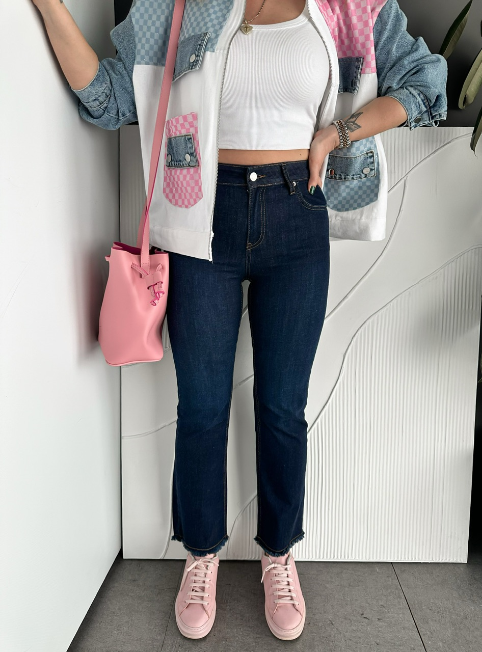 Lacivert Ful Likralı Kesik Paçalı Jean